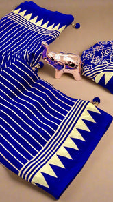 Blue and White Striped Contemporary Satin Crepe Modal Silk Saree